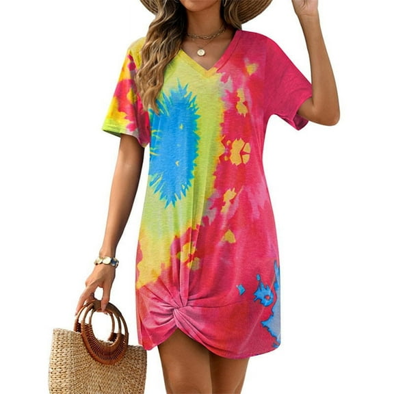 Ladies Summer V-Neck Side Twist Short Sleeve Dress Color M