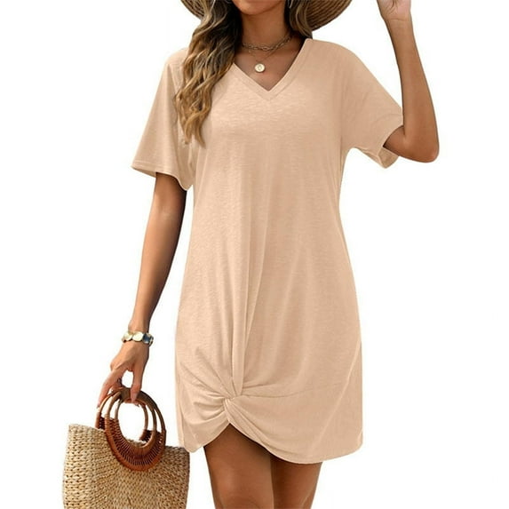 Ladies Summer V-Neck Side Twist Short Sleeve Dress Light brown M