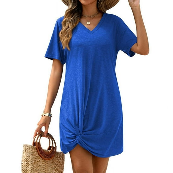 Ladies Summer V-Neck Side Twist Short Sleeve Dress M