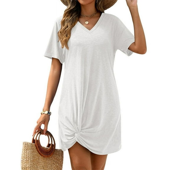 Ladies Summer V-Neck Side Twist Short Sleeve Dress