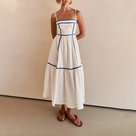 Ladies Summer Women's Fresh And Sweet Mid Length A Line Small Strap Dress Casual Dress Dress Casual for Women Woman Maxi Dresses Casual V Neck Long Sleeve Dress Women Misses Dresses Casual Tie Midi