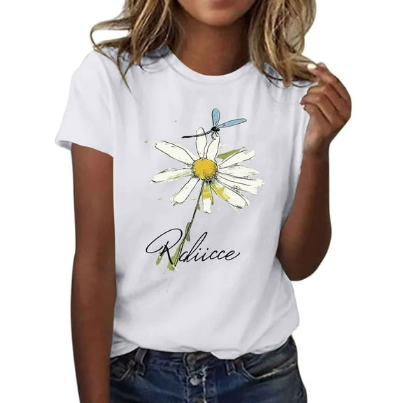 Ladies Sunflower Graphic T Shirts, Womens Summer Tops, Cute Floral Print Crew Neck Short Sleeve T-Shirt Trendy Casual Blouse New, 15-White, XXL