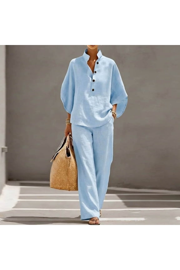Ladies Sweat Suits Womens Elegant Linen 2 Piece Set Stand Collar Button V-Neck 3/4 Sleeve Blouse Tops and High Waist Wide Leg Pants Light Blue M