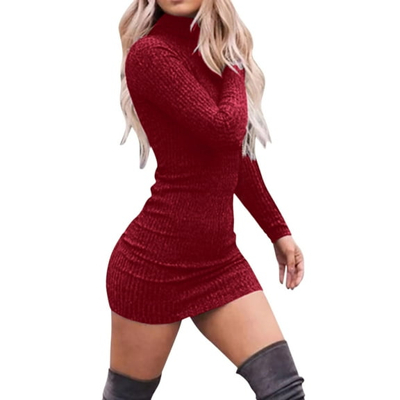 Ladies Sweater Bodycon Dress Womens High Necked Long Sleeved Knit Bottom Solid Color Dress With Wrap