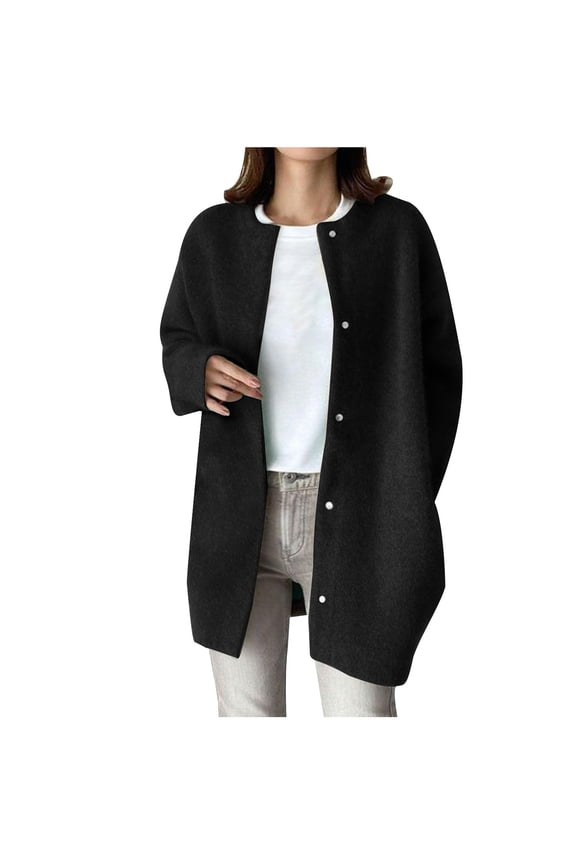Ladies Sweater Cardigans Mid-length Long Sleeve Snap Button Down Soft Warm Knit Jacket Fall Winter Outerwear Coat (2XL, Black)