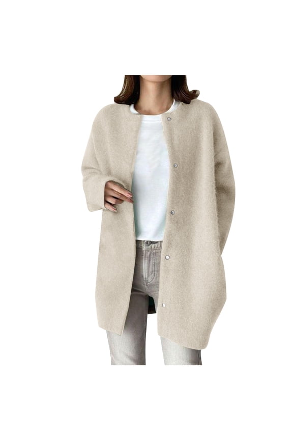 Ladies Sweater Cardigans Mid-length Long Sleeve Snap Button Down Soft Warm Knit Jacket Fall Winter Outerwear Coat (S, Beige)