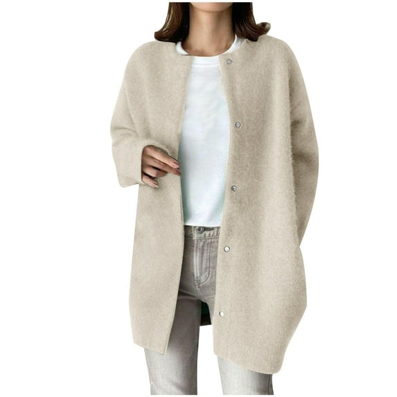 Ladies Sweater Cardigans Mid-length Long Sleeve Snap Button Down Soft Warm Knit Jacket Fall Winter Outerwear Coat (S, Beige)