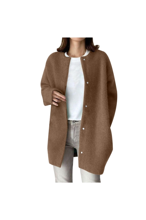 Ladies Sweater Cardigans Mid-length Long Sleeve Snap Button Down Soft Warm Knit Jacket Fall Winter Outerwear Coat (S, Brown)