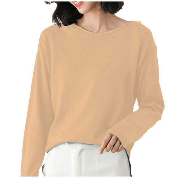Ladies Sweaters Cozy Knit Sweaters Loose Fit Round Neck Pullover Versatile Solid Layering Shirt Fall Sweaters Orange M