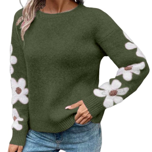 Ladies Sweaters Elegant Floral Jacquard Knit Pullover Sweaters Stylish Comfortable Knitwear Knitted Sweater Army Green L