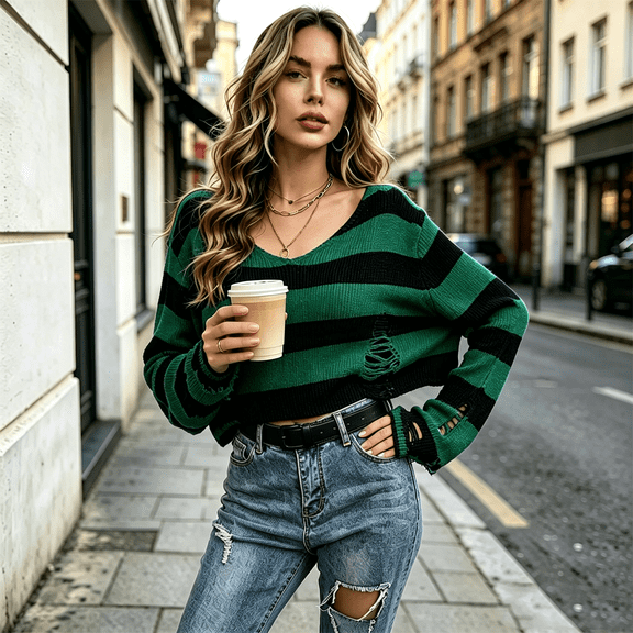 Ladies Sweaters Striped Cropped V Neck Long Sleeve Loose Fit Ripped Knit Top