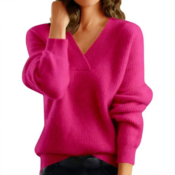 Ladies Sweaters V Neck Solid Color Long Sleeve Knitted Sweaters Pullover Casual Top Sweater Red XL