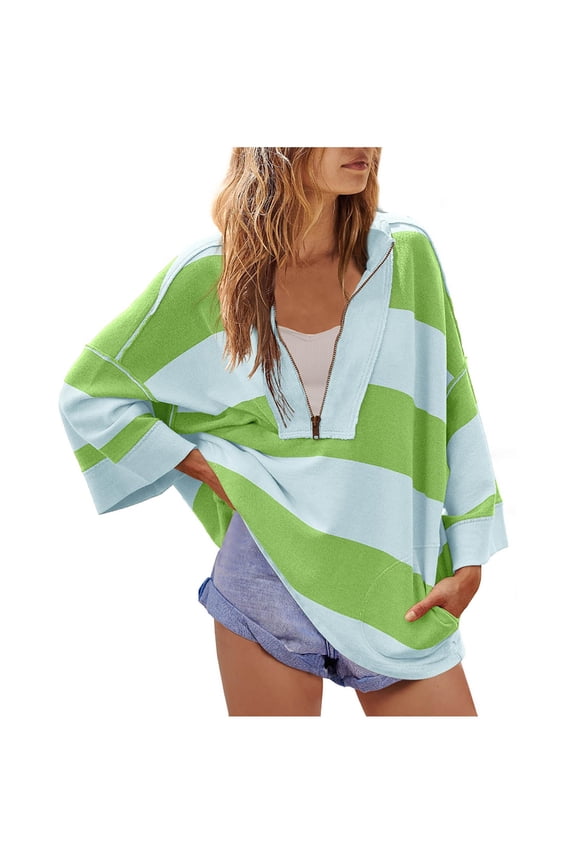 Ladies Sweatshirts - Women's Oversized Half Zip Striped Hoodies Sweatshirt Loose Zipper Neck Color Block Long Sleeve Shirts Blouse Fashion Casual Pullover Tees Cosy Fall Tops Y2K
