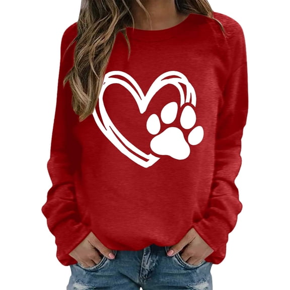 Ladies Sweatshirts Women's Valentine's Day Couples Matching Heart Print Crewneck Long Sleeve Loose Fashion Hoodless Sweatshirt Hoodies for Women Pullover Red M