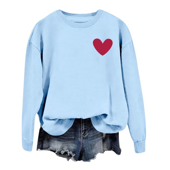 Ladies Sweatshirts Women's Valentine's Day Couples Matching Heart Print Crewneck Long Sleeve Lovers Hoodless Sweatshirt Women's Hoodies Light Blue S