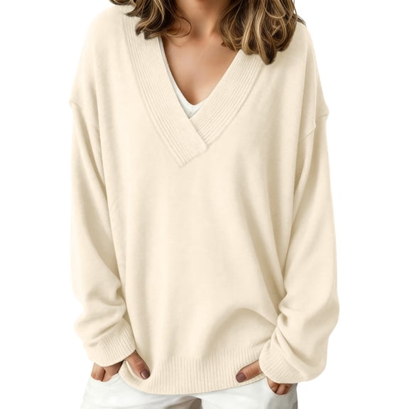 Ladies Sweatshirts, Yigetop Women's V Neck Drop Shoulder Sweater Knitted Sweater Top Autumn and Winter Long Sleeve Sweatshirts V Neck Sweatshirt Women, Beige XS