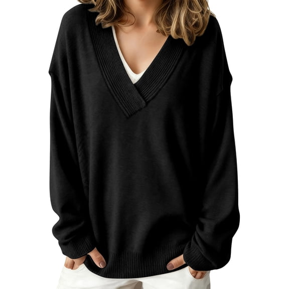 Ladies Sweatshirts, Yigetop Women's V Neck Drop Shoulder Sweater Knitted Sweater Top Autumn and Winter Long Sleeve Sweatshirts V Neck Sweatshirt Women, Black S