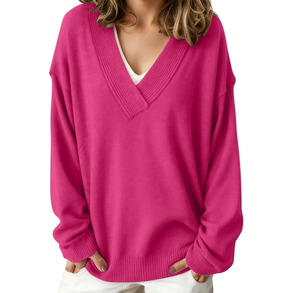 Ladies Sweatshirts, Yigetop Women's V Neck Drop Shoulder Sweater Knitted Sweater Top Autumn and Winter Long Sleeve Sweatshirts V Neck Sweatshirt Women, Hot Pink XS