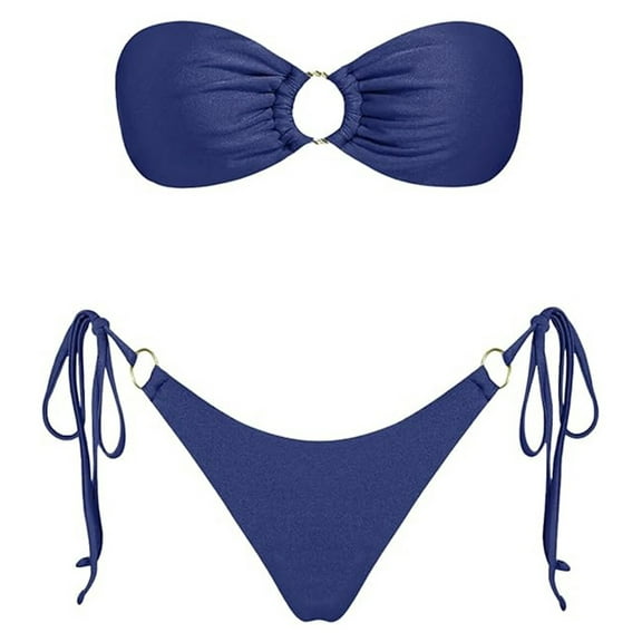 Ladies Swimsuits Solid Color Strapless Backless Gathering Separate Bikini Dark Blue Swimwear for Women L
