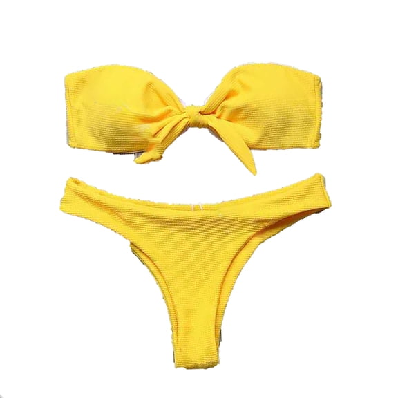 Ladies Swimsuits Stripes Print Spaghetti Strap Separates Bikinis Yellow Bathing Suit for Women L