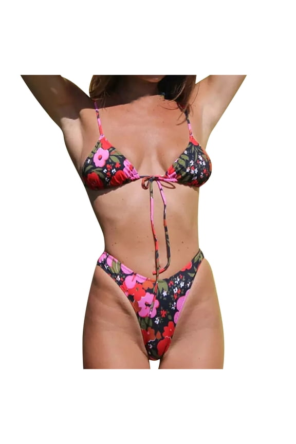 Ladies Swimsuits,Women Thong Bikini Swimsuit Set String Bathing Suits Tie String Top Two Piece Bathing Suit Cheeky 2 Piece Bikini Sets,Black,S