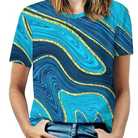 Ladies T-Shirt Blue And Gold Marble Print O Neck T Shirts Short Sleeve Vintage Design Tshirt Casual Top Tees Large Size