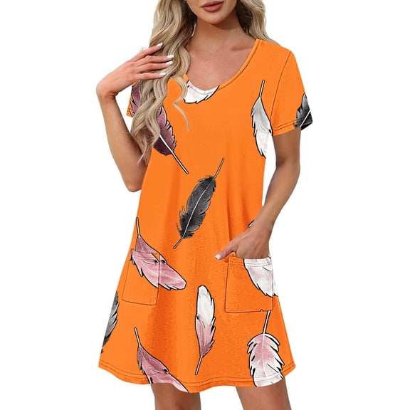 Ladies T Shirt Dresses with Pockets New Trendy Casual Short Sleeve V Neck Printed Sundress Soft Loose Flowy Short Dress Floral Wedding Guest Dresses Orange XL