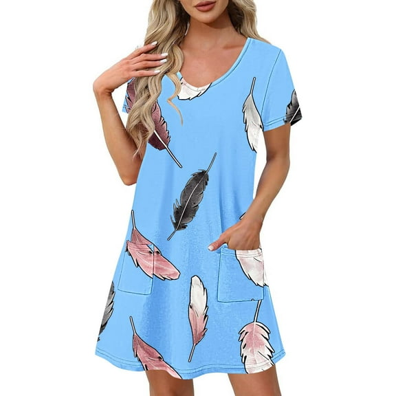 Ladies T Shirt Dresses with Pockets New Trendy Casual Short Sleeve V Neck Printed Sundress Soft Loose Flowy Short Dress Summer Dresses for Women Sky Blue S