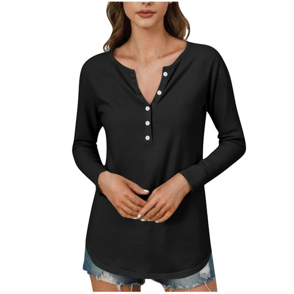 Ladies T Shirts Loose Fitting Women's Long Sleeve Tunics Tops, Button Round Neck T Shirts Loose Casual Pullover Blouse Tee Black XL