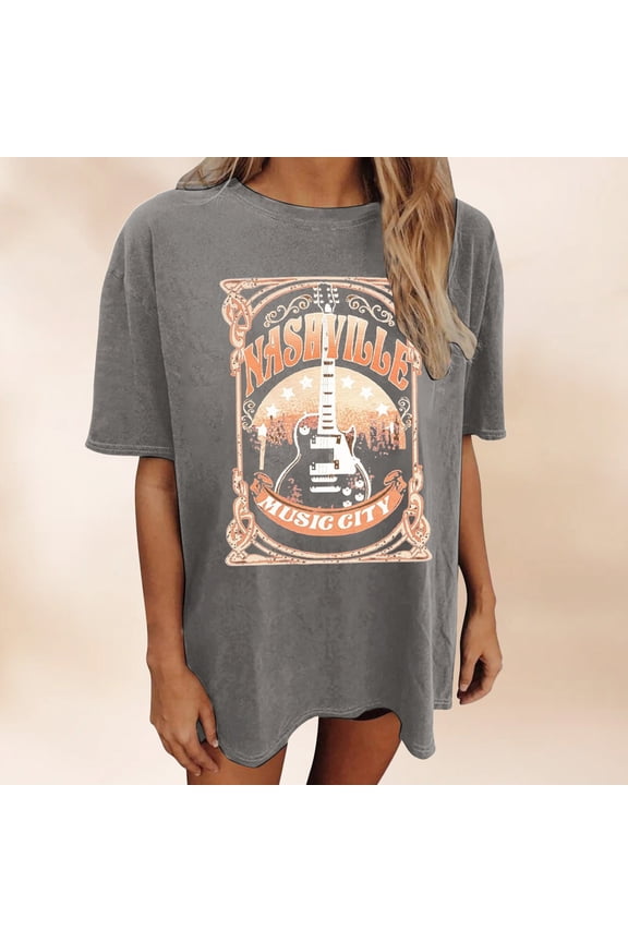 Ladies T Shirts Women's Oversized Rock Band Country Music Vintage Guitar Graphic Tee Top Grey L