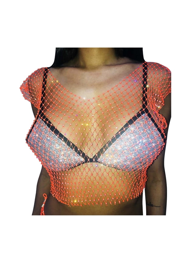 Ladies T Shirts Women's Rhinestone Diamond Mesh See Through Crop Tank Top Sleeveless D S