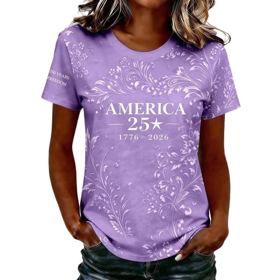 Ladies T Shirts Women's Stars and Stripes Casual Fashion Printed Crew Neck Short Sleeve Pullover T Shirt Purple M