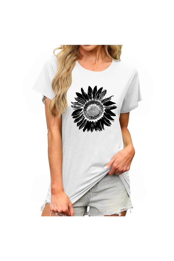 Ladies T Shirts on Sale Women's Sunflower Graphic Shirts Boho Flower Print Tees Tops Cute Summer Vintage Short Sleeve Holiday T-Shirts New J-White XL