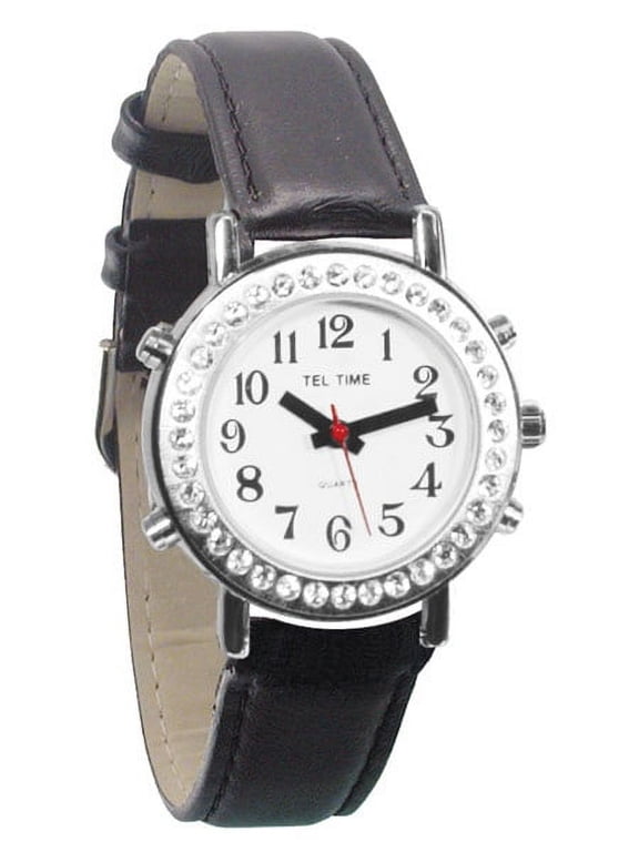 Ladies Talking Watch with Rhinestone Bezel and Leather Band- English