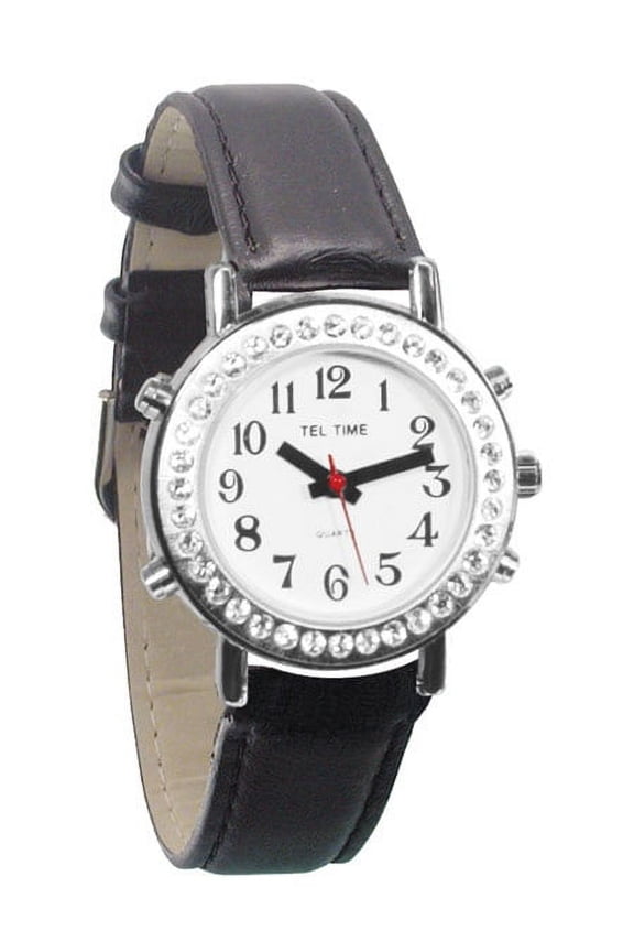 Ladies Talking Watch with Rhinestone Bezel and Leather Band- English