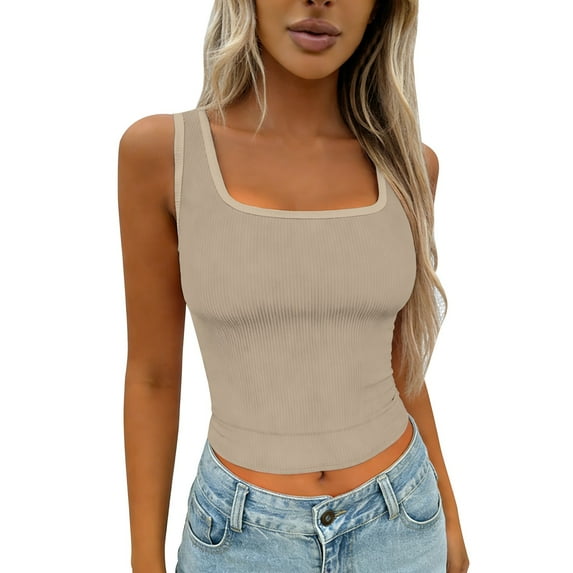 Ladies Tank Ribbed Square Neck Padded Crop Workout Basic Athletic Tank Top Ladies Tank Beige L