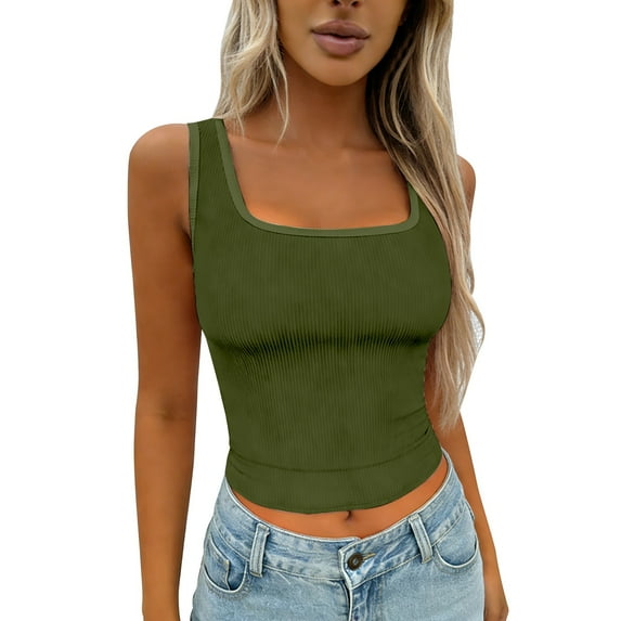 Ladies Tank Ribbed Square Neck Padded Crop Workout Basic Athletic Tank Top Ladies Tank Blackish Green M
