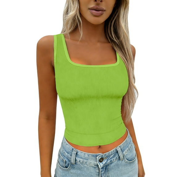 Ladies Tank Ribbed Square Neck Padded Crop Workout Basic Athletic Tank Top Ladies Tank Green 2Xl
