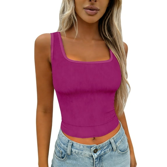 Ladies Tank Ribbed Square Neck Padded Crop Workout Basic Athletic Tank Top Ladies Tank Hot Pink L