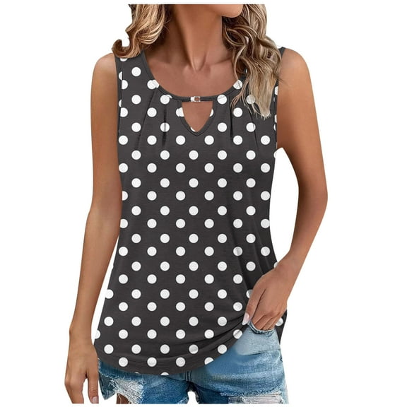 Ladies Tank Tops Loose Fit Summer Polka Dots Keyhole Neck Sleeveless T Shirts Casual Trendy Pleated Tunic Blouses (XL, Black)