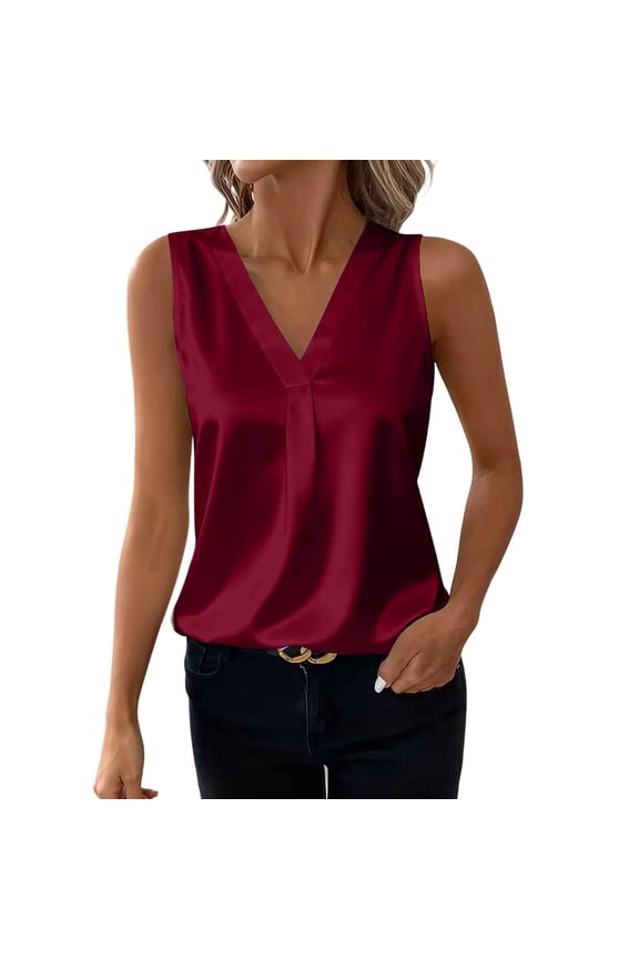 Ladies Tank Tops Solid V Neck Sleeveless Silk Shell Top Elegant Loose Fit Casual Blouse for Women Basic Layering Red XXL
