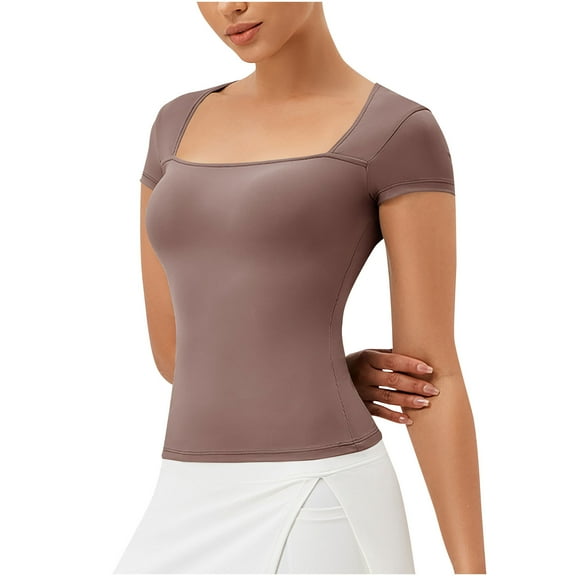 Ladies Tank Tops Women's Squares Neck Short Sleeve T Shirts Double Lined Basic Tee Slim Fitting Tops Workout Yoga Cropped Tops Sleeveless T-Shirts Purple XL