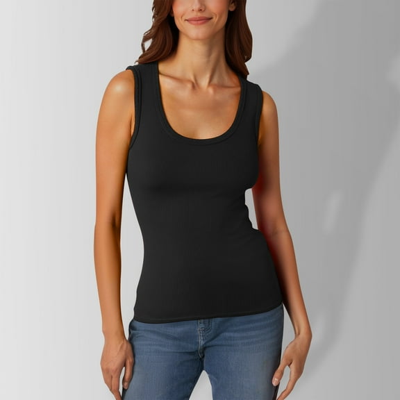 Ladies' Tanks Top Casual Low Round Neck Ribbed Casual T Shirt Sleeveless Elastic And Form Fitting Basic Vest Black XL