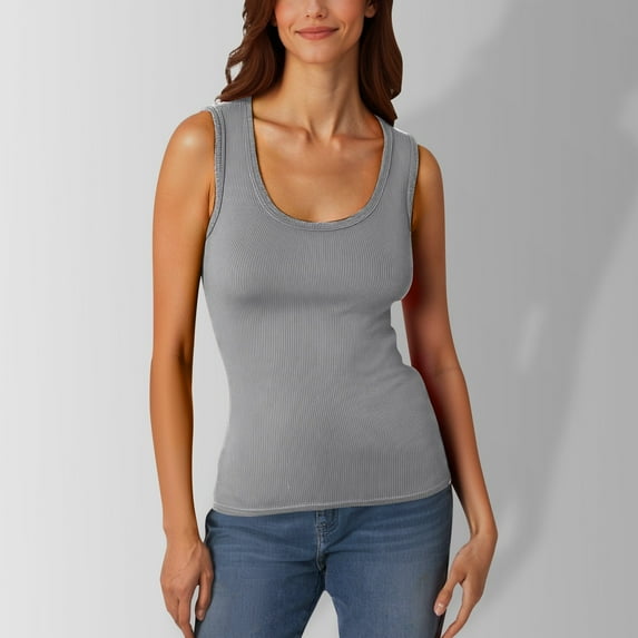 Ladies' Tanks Top Casual Low Round Neck Ribbed Casual T Shirt Sleeveless Elastic And Form Fitting Basic Vest Grey M