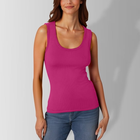 Ladies' Tanks Top Casual Low Round Neck Ribbed Casual T Shirt Sleeveless Elastic And Form Fitting Basic Vest Hot Pink S