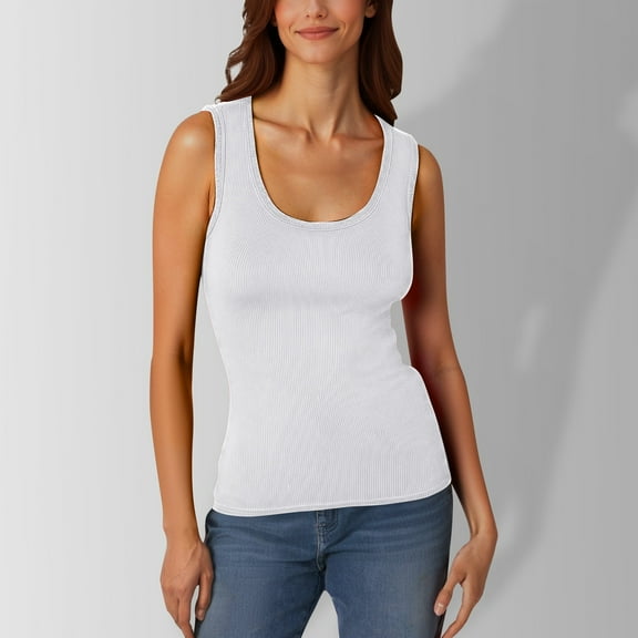 Ladies' Tanks Top Casual Low Round Neck Ribbed Casual T Shirt Sleeveless Elastic And Form Fitting Basic Vest White XXL