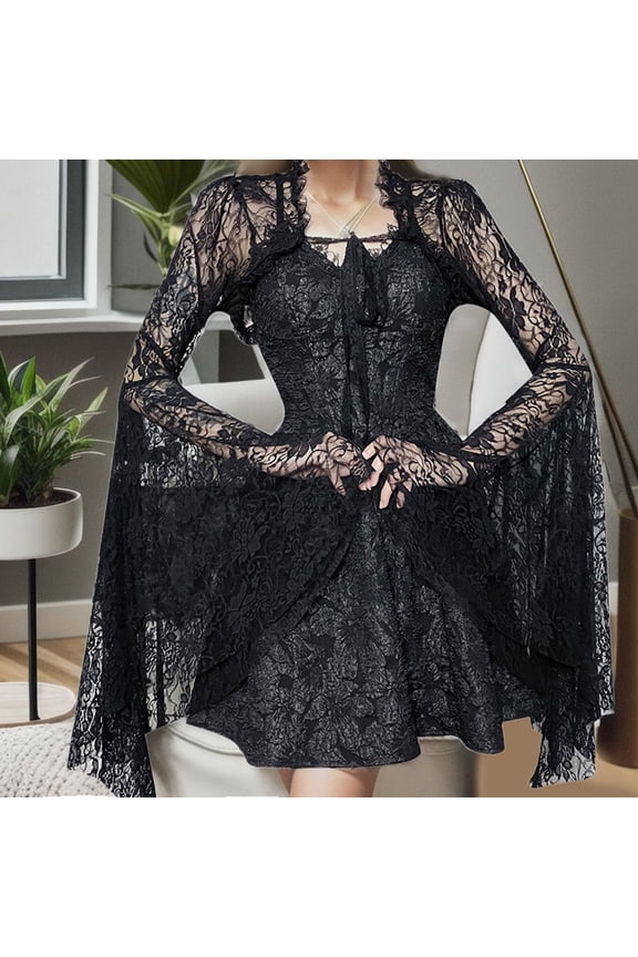 Ladies Temperament Dark Sexy Thin Cos Trumpet Sleeve Lace Small Cardigan Leopard Sweater Open Front Cardigan Long Old Fashion Sweaters Button up Cardigan Lightweight Dusters for Women Womens Button