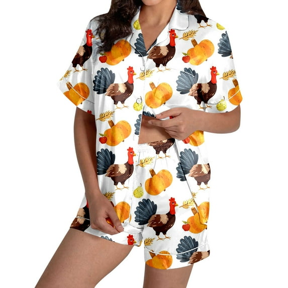 Ladies' Thanksgiving Turkey Print Pajama Shorts Set 2024 Set for Women Outfit Silk Sleepwear Women's Pajama Shorts Ladies Pajamas Pajama for Tall Women Set Shorts Woman Sleepwear Women Pajama Set