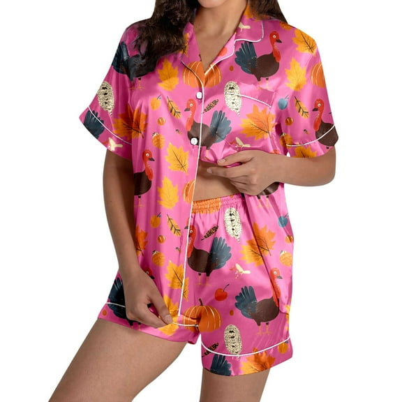 Ladies' Thanksgiving Turkey Print Pajama Shorts Set 2024