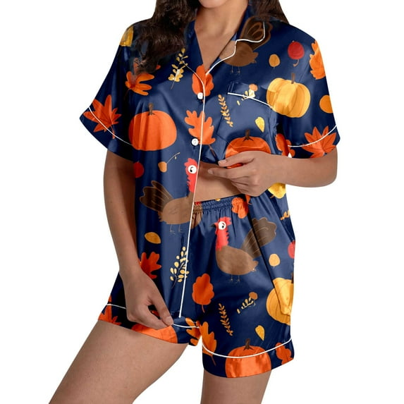 Ladies' Thanksgiving Turkey Print Pajama Shorts Set 2024